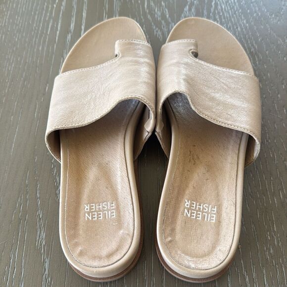 Eileen Fisher Digit Women's Beige Khaki Leather Slide Sandals Minimalist Size 6 - Picture 4 of 9